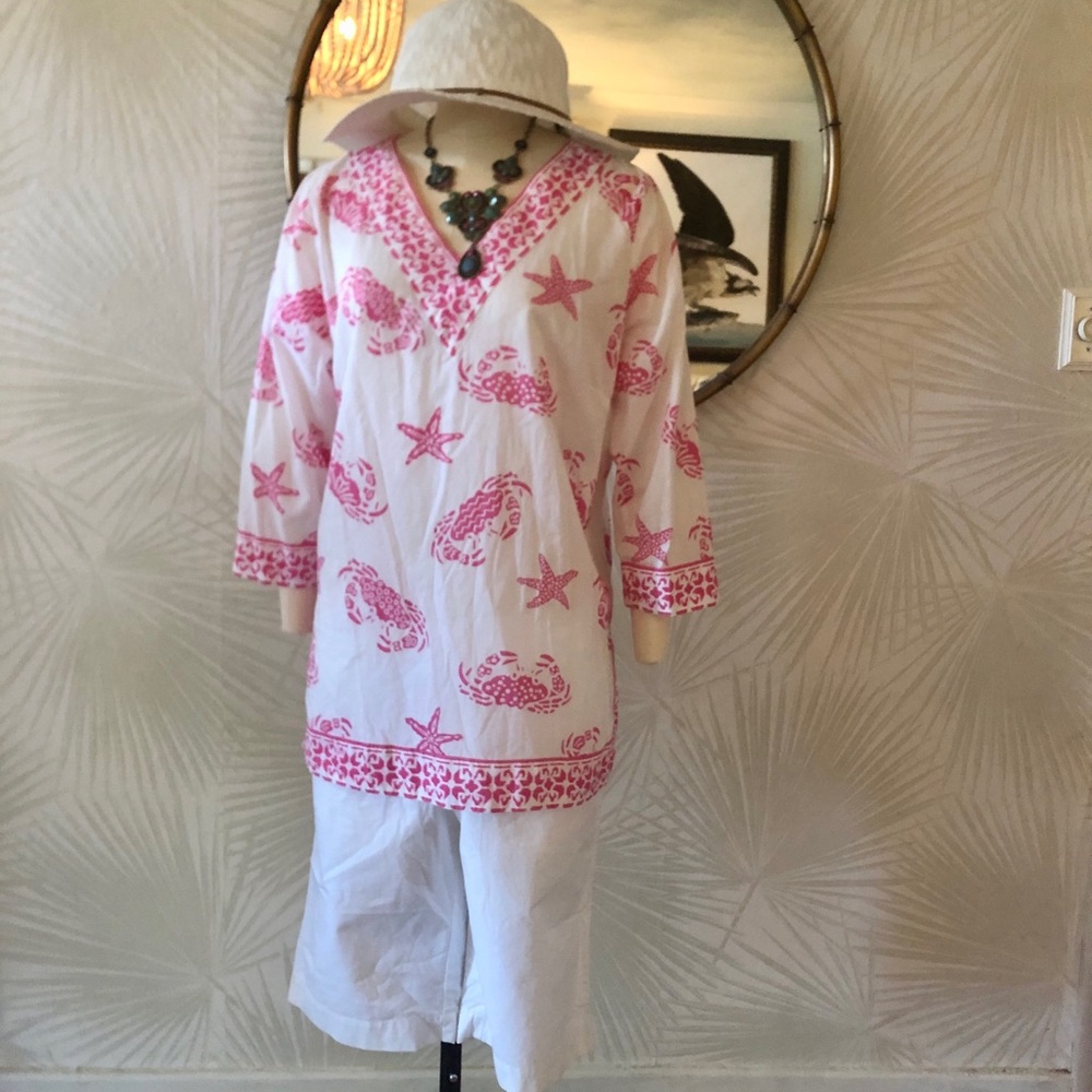 Caribbean Joe White Tunic with Pink Sea Life Print Crabs Starfish